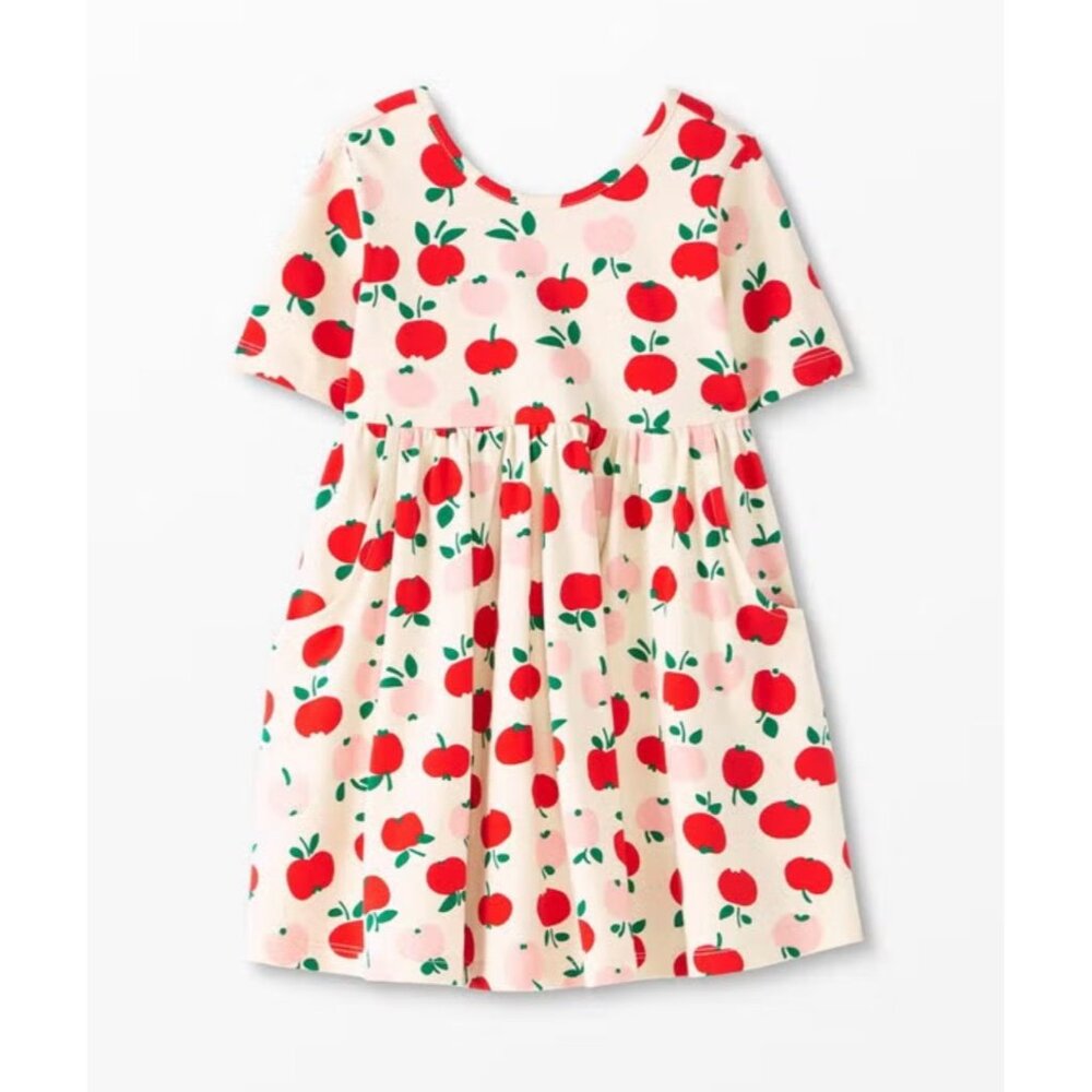 140/10 US Hanna Andersson Apple On Ecru Elbow Print Skater Dress Twirl Short Sle